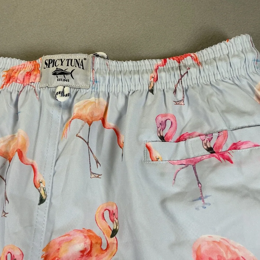 Spicy Tuna Flamingo Swim Trunks XL Light Blue Tropical Board Shorts NWT UPF 50+‎